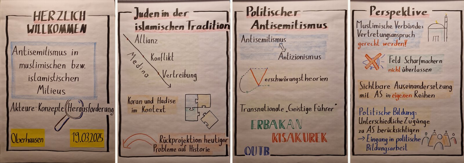 Vier handgezeichnete Flipcharts: Titelblatt des Workshops, Juden in der islamischen Tradition, Politischer Antisemitismus und Perspektive für die Bildungsarbeit