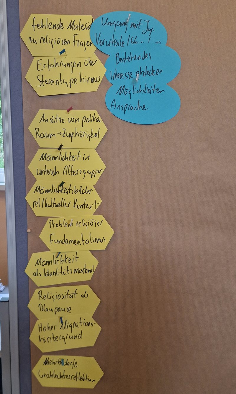 Gelbe und blaue Moderationskarten an einer Pinnwand