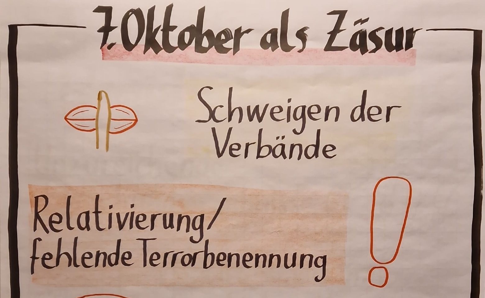 Handgezeichnetes Flipchart „7. Oktober als Zäsur“ mit den Punkten Schweigen der Verbände und Relativierung beziehungsweise fehlende Terrorbenennung