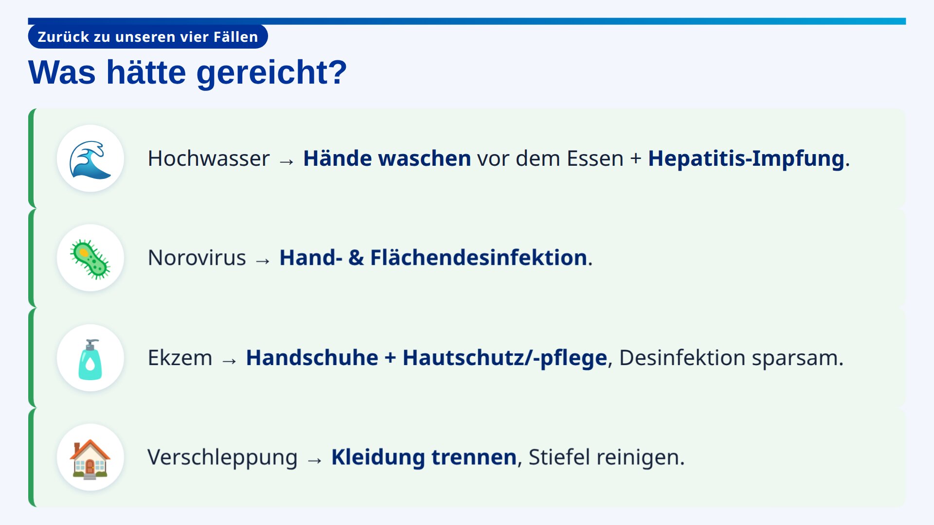 Präsentationsfolie „Was hätte gereicht?“ mit vier Zeilen, jeweils mit Symbol: Hochwasser, Norovirus, Ekzem und Verschleppung, daneben die passende Hygienemaßnahme.