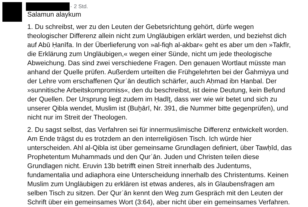 Bildschirmausschnitt eines Facebook-Kommentars mit geschwärztem Namen und Profilbild. Er beginnt mit „Salamun alaykum“ und zwei nummerierten Punkten, die den Autor des Essays mit Du ansprechen.