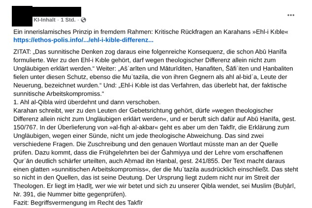 Bildschirmausschnitt eines Facebook-Beitrags mit geschwärztem Namen und Profilbild und dem Hinweis „KI-Inhalt“. Darunter die Überschrift „Ein innerislamisches Prinzip in fremdem Rahmen“, ein Zitat aus dem Essay, der Punkt „Karahan schreibt …“ und die Zeile „Fazit: Begriffsvermengung im Recht des Takfīr“.