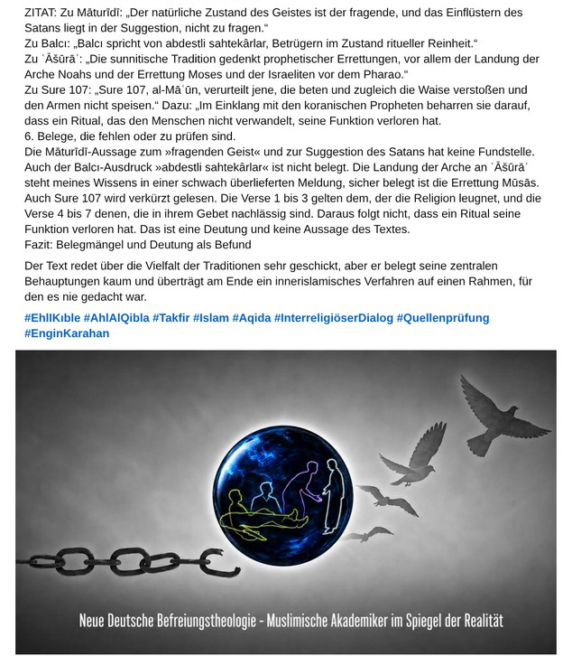 Bildschirmausschnitt mit dem sechsten Kritikpunkt, der Zeile „Fazit: Belegmängel und Deutung als Befund“, dem Schlussurteil, Hashtags wie #Quellenprüfung und einem Bild mit der Unterschrift „Neue Deutsche Befreiungstheologie – Muslimische Akademiker im Spiegel der Realität“.