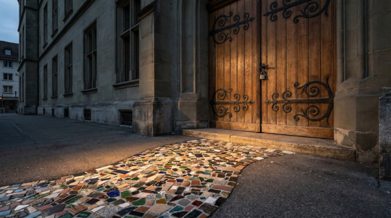 Fotorealistisches Bild einer massiven verschlossenen Holztür vor einem bunten Mosaikweg als Metapher für institutionelle Hürden.