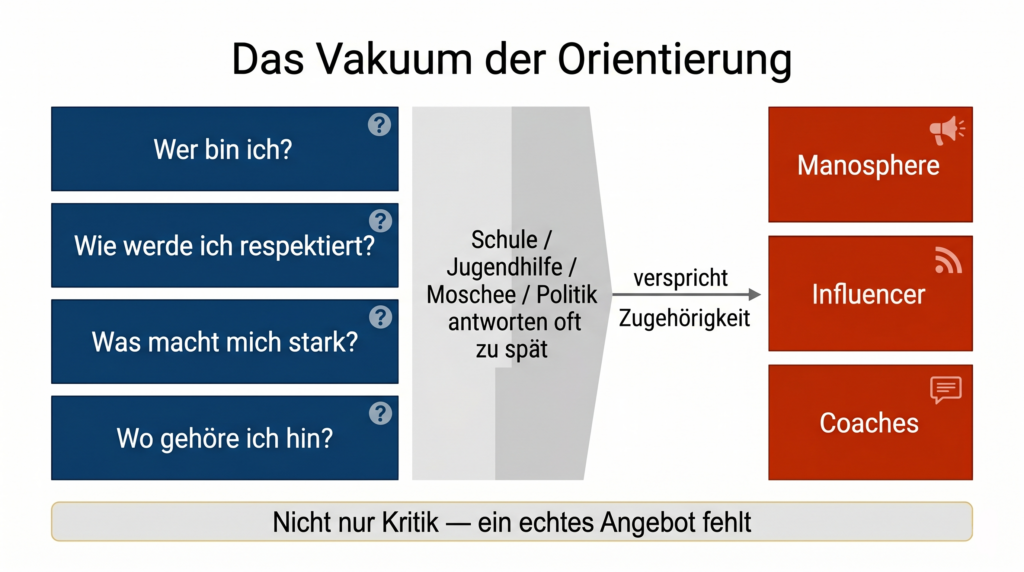 Schaubild mit Fragen junger Männer links, institutioneller Leerstelle in der Mitte und Manosphere/Influencern rechts als Antwortanbieter.