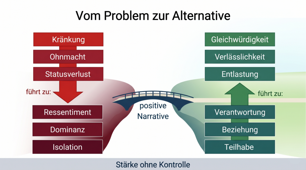 Flussdiagramm mit einem problematischen Pfad von Kränkung zu Ressentiment und Isolation sowie einem alternativen Pfad von Verantwortung zu Gleichwürdigkeit und Teilhabe.
